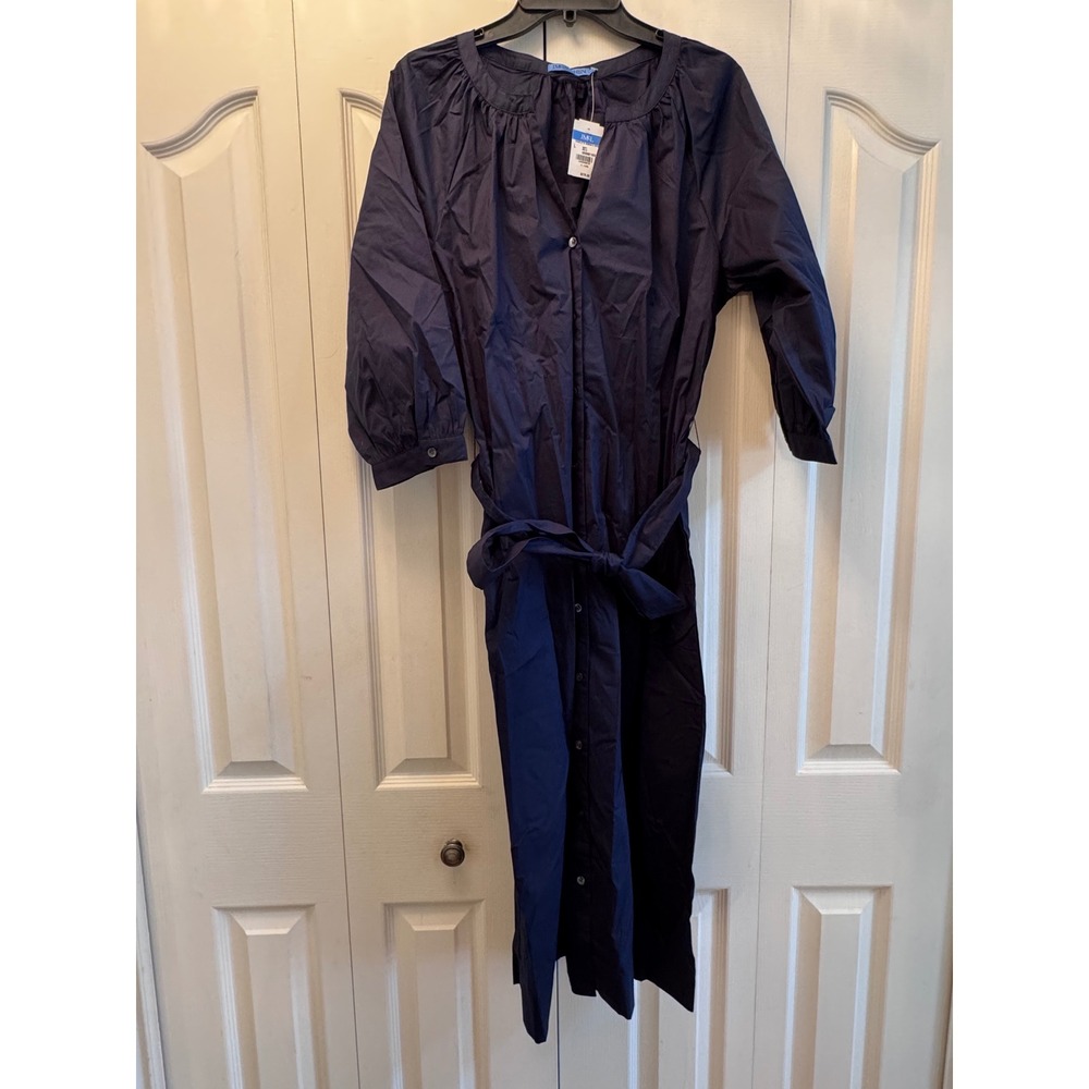 JMCL Charlotte Navy Blue Midi Shirtdress 3/4 Sleeve Button Front Belted Size L
